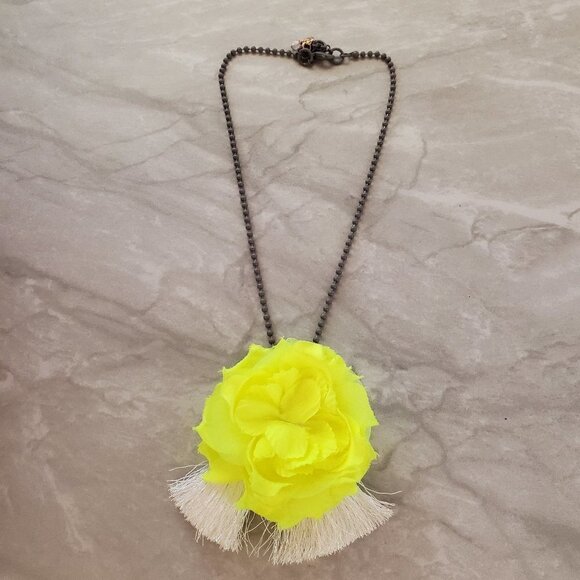✨ CrewCuts Bright Yellow Fabric Flower Iridescent Tassles Enamel Chain Pendant - Picture 1 of 11
